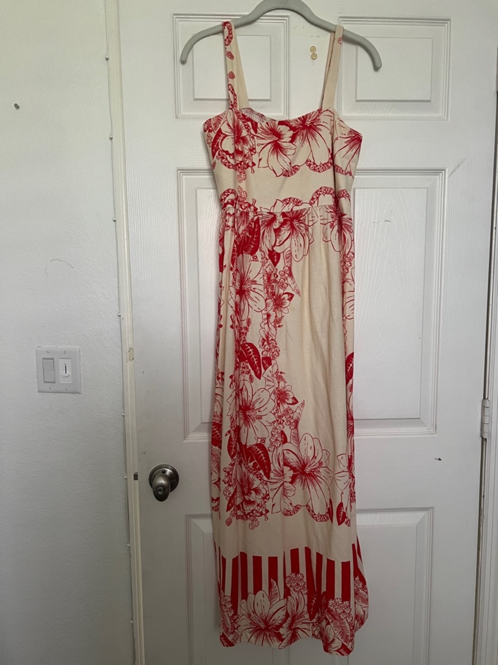 Red Floral Cream Maxi Dress with Spaghetti Straps